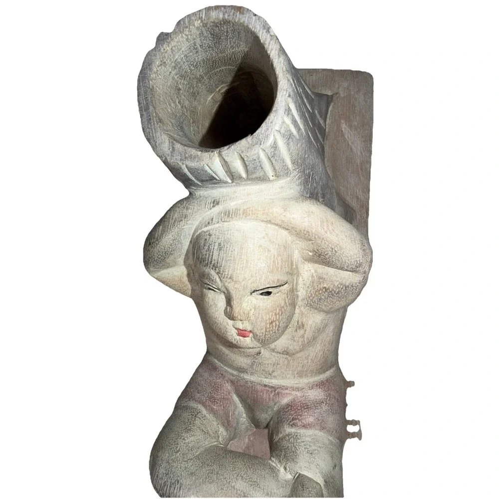 Vintage Carved Wood Figurine Asian Man Good Luck Candle Flower Holder Tabletop - Picture 5 of 8